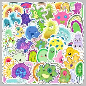 50Pcs Cute Cartoon Germ Stickers for Kids,Cartoon Germ Virus Cells Funny Meme Waterproof Vinyl Stickers for Water Bottle Laptop,Colorful Microorganism Stickers Pack for Party Supplies School Reword