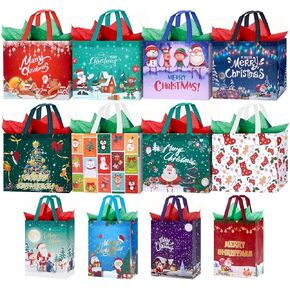 24 Pack Christmas Gift Bags Assorted Sizes with Handle, Reusable Tote Gift Bags Includes 4 Extra Large, 8 Large, 8 Medium, 4 Small, Non-Woven Christmas Bags for Gifts Xmas Party Holiday Favors