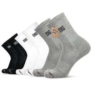 Men's Cushioned Crew Socks with Arch Support, 6 Pack Athletic Long Mid-Calf Length Compression Socks for Running, Breathable Thick Moisture Wicking Cushoin Comfort Socks - White