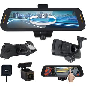 كاميرا RYDEEN TOMBO 360X ذات رؤية محيطية 4K داش، مرآة رؤية خلفية بدون إطار مقاس 10 بوصات تعمل باللمس مع شاشة TFT مع سطوع تلقائي نهارًا/ليلًا، وفيديو احتياطي، وكاميرا احتياطية متضمنة