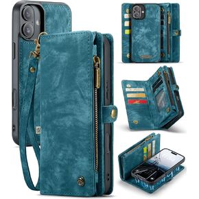 Kowauri Wallet Case for iPhone 16 Plus, Zipper Purse Folio Leather Wallet with Card Holder Wrist Strap Detachable Magnetic Shockproof Protective Back Case for iPhone 16 Plus 6.7 inch (Blue)