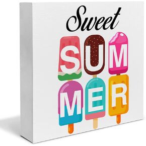 Summer Blueberry Art Wood Box Sign Desk Decor Sweet Summer Wood Block Sign Decor for Home Kitchen Shelf Wall