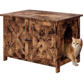 Vongrasig Cat Litter Box Enclosure,Litter Box Furniture Hidden with Barn Door,Wooden Cat Washroom Furniture,Cat House,End Table, Fit Most of Litter Box, White