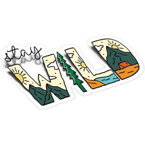 (5Pcs) Stay Wild Clear Sticker Camping Adventure Nature Decal Waterproof Vinyl Stickers Adult for Laptop Kindle Car Tumbler Water Bottle Mug Phone Notebook Helmet Bike Mug - Size 3"x1.9"