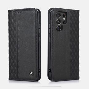 Case for Samsung Galaxy S22 Ultra, Premium PU Leather Wallet Case Card Holder Kickstand Built-in Magnetic Closure Plaid Pattern Flip Folio Phone Cover for Samsung Galaxy S22 Ultra - Brown