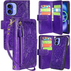 Harryshell for iPhone 16 Plus 6.7 inch Detachable Magnetic Case Wallet,Compatible with Magsafe Wireless Charging, [Theft-Scan Blocking] Card Slots, Cash Zipper Pocket Wrist Strap (Floral Purple)