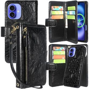 Harryshell for iPhone 16 Plus 6.7 inch Detachable Magnetic Case Wallet,Compatible with Magsafe Wireless Charging, [Theft-Scan Blocking] Card Slots, Cash Zipper Pocket Wrist Strap (Floral Purple) in Kuwait