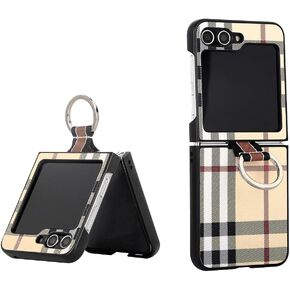 for Samsung Galaxy Z Flip 6 Case with Ring, Classic Plaid Pattern PU Leather Slim & Shockproof Protection Case Cover for Z Flip 6 Beige