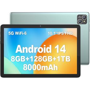 PUTTECH Android 14 Tablet 10.1 inch Tablets Newest, 128GB+8(4+4 Expand) GB 1TB Expand, 8000mAh Battery, Octa-Core Processor, 5G Wi-Fi 6, 2+8MP Dual Camera, Bluetooth, 1280 x 800 FHD IPS Tablet PC