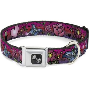 Dog Collar Seatbelt Buckle Love Love Pink 15 to 26 Inches 1.0 Inch Wide, DC-W31213-L