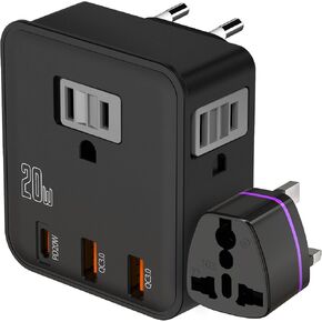 European Travel Plug Adapter for EU & UK, Fast Charger QC 3.0 & 20W PD USB-C, US to Europe Power Adaptor 3 Outlets 3 USB Quick Charge, American to Ireland Italy France Travel Essentials Accessories
