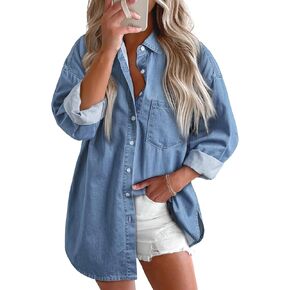 Astylish Womens Blouses and Tops Dressy Denim Shacket Shirt V Neck Fashion Long Sleeve Button Down Cowboy Jacket Peach Blossom Small