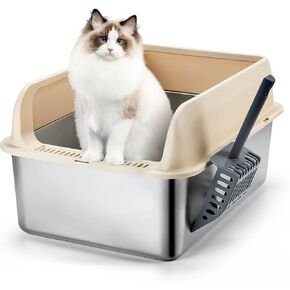 Stainless Steel Litter Box with Lid,Steel Litter Box for Cats,Rabbit, Easy Clean Metal Litter Pan, Non-Stick Cat Toilet, with High Sides and Scoop,Anti-Leakage, No Smell