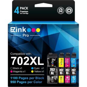 E-Z Ink Pro Remanufactured Ink Cartridge Replacement for Epson 702XL 702 XL 702 T702 to use with Workforce Pro WF-3720 WF-3730 WF-3733 Printer (1 Large Black, 1 Cyan, 1 Magenta, 1 Yellow, 4 Pack)