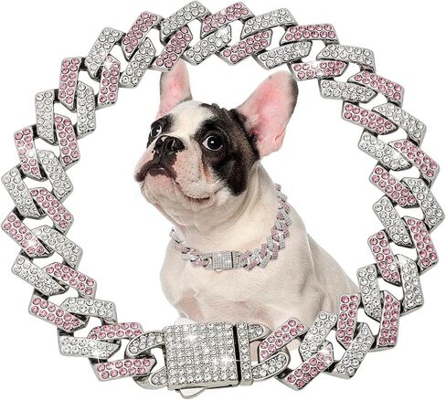 الأرجواني سلسلة الكلب طوق الماس رابط 15mm واسعة الكلب قلادة سلاسل معدنية القط الحيوانات الأليفة الكريستال الياقات مجوهرات اكسسوارات للكلاب الصغيرة المتوسطة الكبيرة القطط (12 بوصة in Kuwait