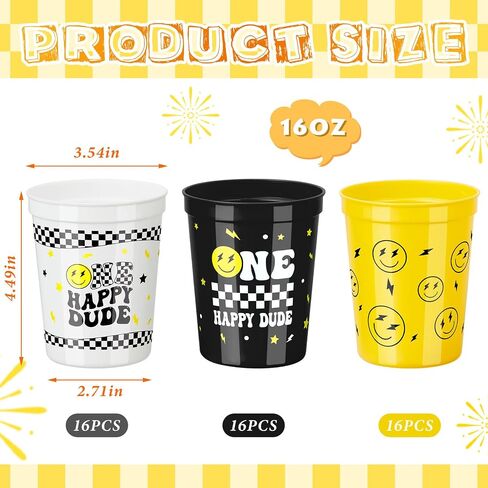 Domensi 24 Pcs One Happy Dude Plastic Cups 16oz Reusable One Happy Dude Birthday Decorations Smile Face Cups for First Birthday Party Baby Shower Favors in Saudi Arabia