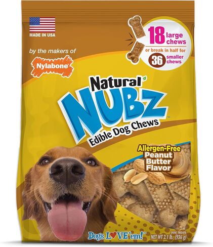 Nylabone Nubz Natural Edible Chew Treats for Dogs, Long Lasting Chews Made in USA, Peanut Butter Flavor, Large - Up to 50 lbs. (18 Count) in Saudi Arabia