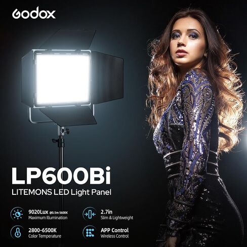 Godox LP600Bi مصباح فيديو LED ثنائي اللون مع Barndoor، 60W 2800K-6500K 9020Lux LED لوحة ضوء مع 11 تأثيرات FX APP التحكم CRI/TLCI 96+ Dimmable 0-100% استوديو ضوء ناعم للتصوير الفوتوغرافي in Saudi Arabia