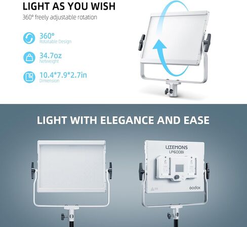 Godox LP600Bi مصباح فيديو LED ثنائي اللون مع Barndoor، 60W 2800K-6500K 9020Lux LED لوحة ضوء مع 11 تأثيرات FX APP التحكم CRI/TLCI 96+ Dimmable 0-100% استوديو ضوء ناعم للتصوير الفوتوغرافي in Saudi Arabia