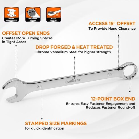 HORUSDY 15-Piece Metric Wrench Sets, V Notch Premium Combination Wrench Set Metric 8-22mm, Max Torque, 12-Point, Chrome Vanadium Steel, with Storage Rack in Kuwait