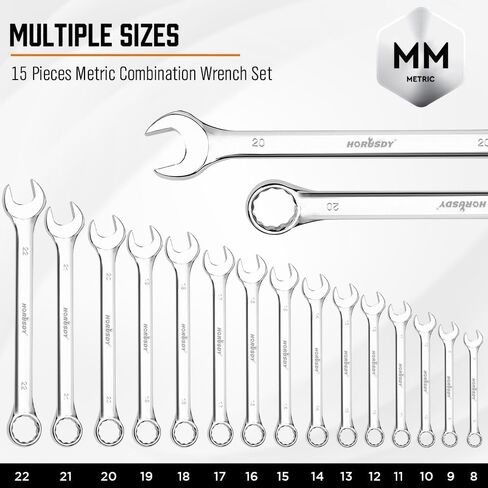 HORUSDY 15-Piece Metric Wrench Sets, V Notch Premium Combination Wrench Set Metric 8-22mm, Max Torque, 12-Point, Chrome Vanadium Steel, with Storage Rack in Kuwait