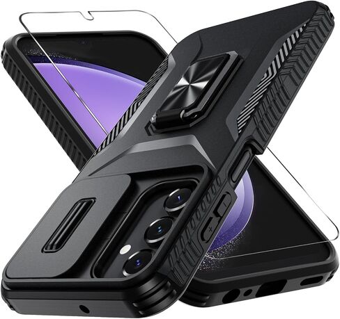 Compatible with Samsung Galaxy A25 5G Case with Slide Camera Cover+Screen Protector+Metal Rotated Kickstand,Tough Hybrid Heavy Duty Shockproof Protective Phone Cover,2024 Black in Saudi Arabia