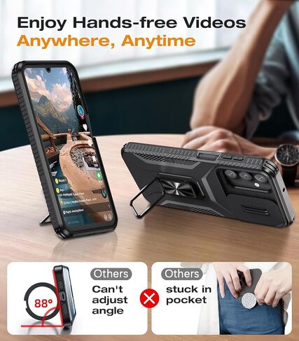 Compatible with Samsung Galaxy A25 5G Case with Slide Camera Cover+Screen Protector+Metal Rotated Kickstand,Tough Hybrid Heavy Duty Shockproof Protective Phone Cover,2024 Black in Saudi Arabia