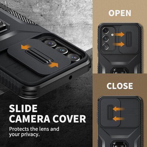Compatible with Samsung Galaxy A25 5G Case with Slide Camera Cover+Screen Protector+Metal Rotated Kickstand,Tough Hybrid Heavy Duty Shockproof Protective Phone Cover,2024 Black in Saudi Arabia