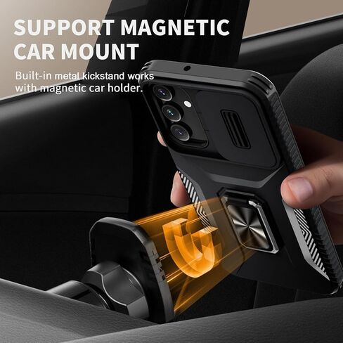 Compatible with Samsung Galaxy A25 5G Case with Slide Camera Cover+Screen Protector+Metal Rotated Kickstand,Tough Hybrid Heavy Duty Shockproof Protective Phone Cover,2024 Black in Saudi Arabia