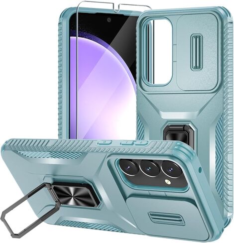 Compatible with Samsung Galaxy A25 5G Case with Slide Camera Cover+Screen Protector+Metal Rotated Kickstand,Tough Hybrid Heavy Duty Shockproof Protective Phone Cover,2024 Black in Saudi Arabia