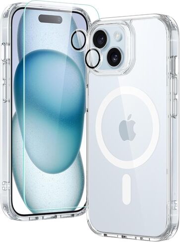مجموعة حافظات ESR لهاتف iPhone 15، 1 واقي شاشة من الزجاج المقسى، 1 مجموعة من واقيات العدسات، حماية من الدرجة العسكرية، حافظة هاتف MagSafe مقاومة للاصفرار والخدش، سلسلة كلاسيكية، شفاف in Kuwait