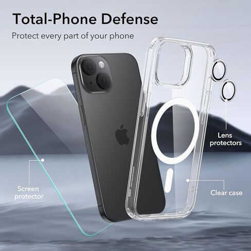 ESR for iPhone 15 Case Set, 1 Tempered-Glass Screen Protector, 1 Set of Lens Protectors, Military-Grade Protection, Yellowing and Scratch Resistant MagSafe Phone Case, Classic Series, Clear in Saudi Arabia