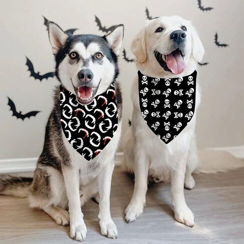 Halloween Dog Bandanas 2 Pack, Vampire Teeth Blood Bibs, Triangle Reversible Pirate Skull Pet Scarf, Adjustable Fit (Teeth and Skull, One Size) in Saudi Arabia
