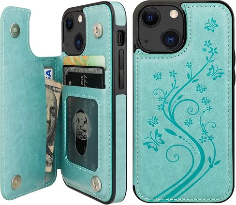Vaburs Compatible with iPhone 13 Mini Case Wallet with Card Holder, Embossed Butterfly Pattern PU Leather Double Buttons Flip Shockproof Protective Cover for Magnetic Car Mount 5.4 Inch (Green) in Kuwait