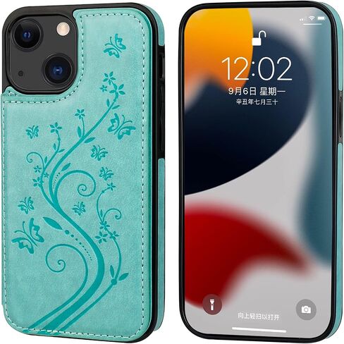 Vaburs Compatible with iPhone 13 Mini Case Wallet with Card Holder, Embossed Butterfly Pattern PU Leather Double Buttons Flip Shockproof Protective Cover for Magnetic Car Mount 5.4 Inch (Green) in Kuwait