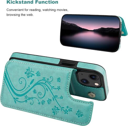 Vaburs Compatible with iPhone 13 Mini Case Wallet with Card Holder, Embossed Butterfly Pattern PU Leather Double Buttons Flip Shockproof Protective Cover for Magnetic Car Mount 5.4 Inch (Green) in Kuwait