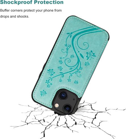 Vaburs Compatible with iPhone 13 Mini Case Wallet with Card Holder, Embossed Butterfly Pattern PU Leather Double Buttons Flip Shockproof Protective Cover for Magnetic Car Mount 5.4 Inch (Green) in Kuwait