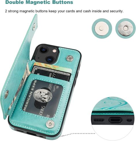 Vaburs Compatible with iPhone 13 Mini Case Wallet with Card Holder, Embossed Butterfly Pattern PU Leather Double Buttons Flip Shockproof Protective Cover for Magnetic Car Mount 5.4 Inch (Green) in Kuwait
