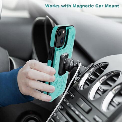 Vaburs Compatible with iPhone 13 Mini Case Wallet with Card Holder, Embossed Butterfly Pattern PU Leather Double Buttons Flip Shockproof Protective Cover for Magnetic Car Mount 5.4 Inch (Green) in Kuwait