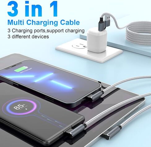 كابل شحن USB عالمي 5 في 1 من MTAKYI بزاوية يمنى، كابل شحن USB C متعدد 3 متر/10 قدم سريع من النايلون المضفر USB/C إلى النوع C/iPhone محول شاحن مزامنة سريع متوافق مع الكمبيوتر المحمول/الكمبيوتر اللوحي/الهاتف in Kuwait