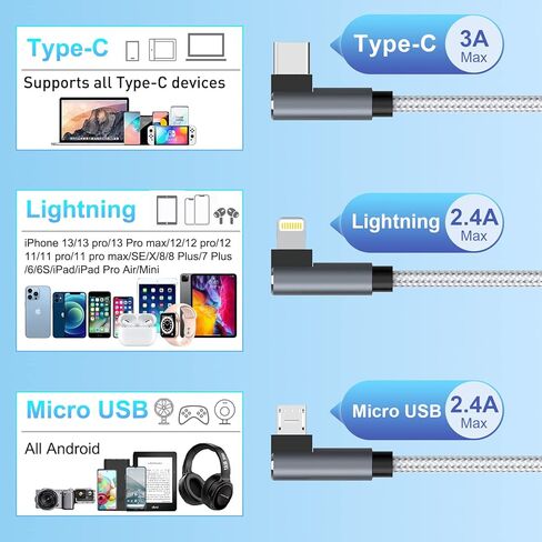 كابل شحن USB عالمي 5 في 1 من MTAKYI بزاوية يمنى، كابل شحن USB C متعدد 3 متر/10 قدم سريع من النايلون المضفر USB/C إلى النوع C/iPhone محول شاحن مزامنة سريع متوافق مع الكمبيوتر المحمول/الكمبيوتر اللوحي/الهاتف in Kuwait