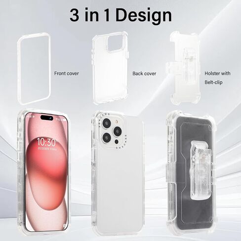 for Apple iPhone 16 Pro Max Clear Rugged Case with Belt Clip Holster, [Not Yellowing] Shockproof Hybrid Phone Case Cover with Kickstand for iPhone 16 Pro Max BLF Transparent White in Saudi Arabia