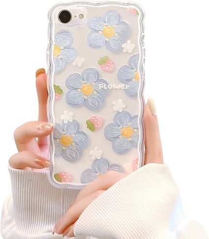 Ownest Compatible for iPhone 7 Case,iPhone 8 Case,iPhone SE 2020/SE 2022 Clear Case with Flower Cute Strawberry Lace Design for Girls Woman TPU Slim Floral Case for iPhone 7/8/SE 2020/SE 2022-Blue in Saudi Arabia