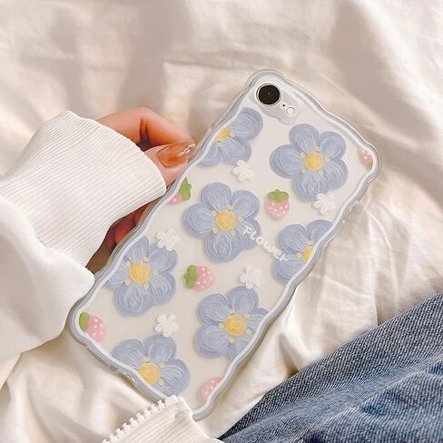 Ownest Compatible for iPhone 7 Case,iPhone 8 Case,iPhone SE 2020/SE 2022 Clear Case with Flower Cute Strawberry Lace Design for Girls Woman TPU Slim Floral Case for iPhone 7/8/SE 2020/SE 2022-Blue in Saudi Arabia