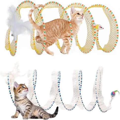 Cat Tunnel Cat Toy for Indoor Cats, 25.59 Inch Spiral Cat Tunnel with Cat Wand & Feather Mouse Toys, Collapsible Interactive Self Play Kitten Chase Exercise Enrichment Toy (Yellow) in Kuwait