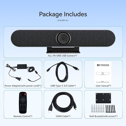 كاميرا غرفة الاجتماعات Retekess TC201، كاميرا مؤتمرات فيديو 4K PTZ، مصفوفة 4 ميكروفون، تقنية معالجة 3A - تقليل ضوضاء الخلفية، إطار تلقائي 120 درجة Ai، USB 2.0/3.0، Hdmi، لاسلكي in Kuwait