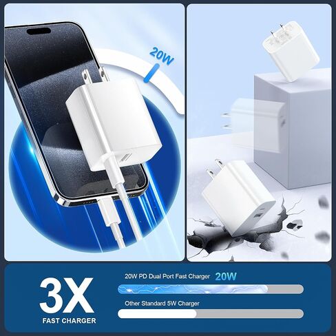 RJJ for iPhone Fast Charger 20W Dual Port USB A/C Wall Adapter Block for iPhone Charger Fast Charging Plug with [MFi Certified] 2Pack 6FT Fast Lightning Cable for iPhone14/13/12/11/Pro Max/Mini/XR/X in Saudi Arabia