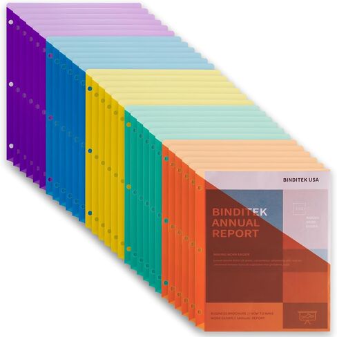 Binditek 50 Pack Poly Slash File Jacket for 3 Ring Binder, Binder Pockets Plastic Jacket, 3 Hole Punch Binder Organizer, Letter Size, 5 Assorted Colors, for Students and Coworkers in Saudi Arabia