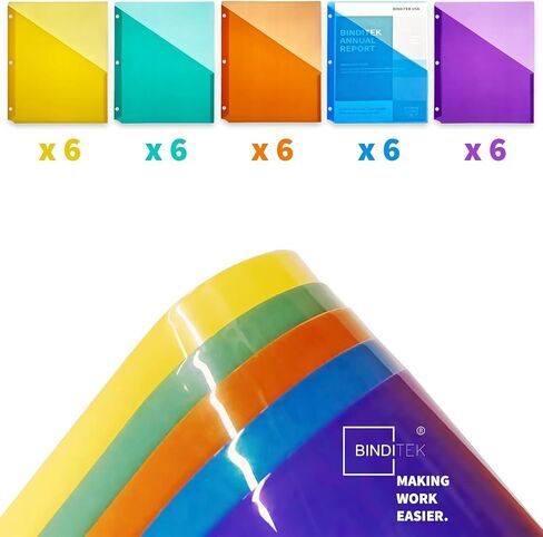 Binditek 50 Pack Poly Slash File Jacket for 3 Ring Binder, Binder Pockets Plastic Jacket, 3 Hole Punch Binder Organizer, Letter Size, 5 Assorted Colors, for Students and Coworkers in Saudi Arabia