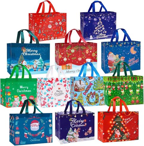 24 Pack Christmas Gift Bags Assorted Sizes with Handle, Reusable Tote Gift Bags Includes 4 Extra Large, 8 Large, 8 Medium, 4 Small, Non-Woven Christmas Bags for Gifts Xmas Party Holiday Favors in Saudi Arabia